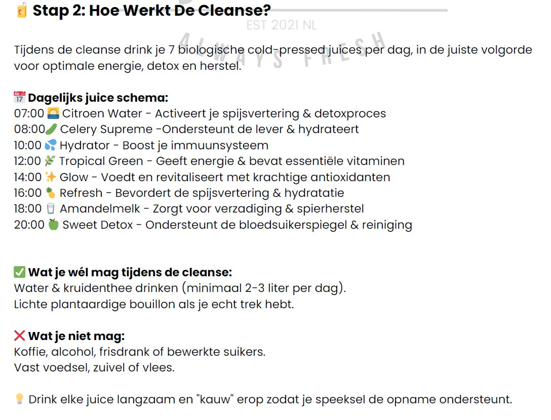 Dagelijks cleanse schema met 7 biologische cold-pressed juices, inclusief detox, hydratatie en spijsverteringsondersteuning.